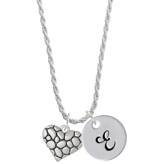 Delight Jewelry Silvertone Pebble Heart Silvertone Script Initial Disc - E - Charm Necklace, 20"+3"