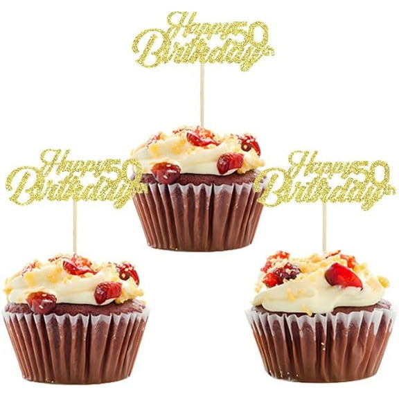 12pcs Gold Glitter Happy 50th Birthday Cupcake Toppers Cheers to 50 years Birthday Cake Picks Happy 50th Wedding Anniversary Party Cake Decorations Supplies