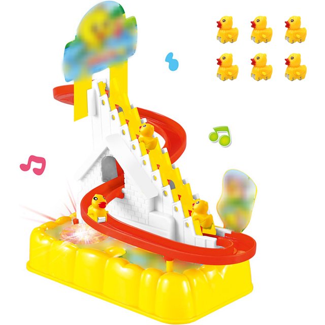 Pista de carreras de patos de juguete, pato eléctrico que sube escaleras, montaña rusa de patos de juguete, juego de escaleras de pato eléctrico que sube, respuesta rápida