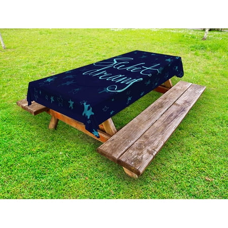 Sweet Dreams Outdoor Tablecloth, Phrase in Handwriting Style on Starry Background Modern Calligraphy, Decorative Washable Fabric Picnic Tablecloth, 58 X 104 Inches, Aqua and Navy Blue, by Ambesonne