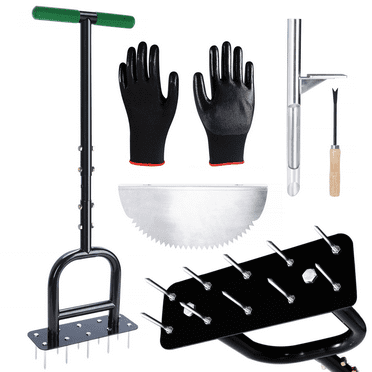 Lawn Aerator Spike 3in1 with 10 Iron Spikes for Garden, Premium Garden Soil Aerating Device & Half Moon Edger, Sharp Saw-Tooth Manuel Edger Lawn Tool with T-Grip Handle