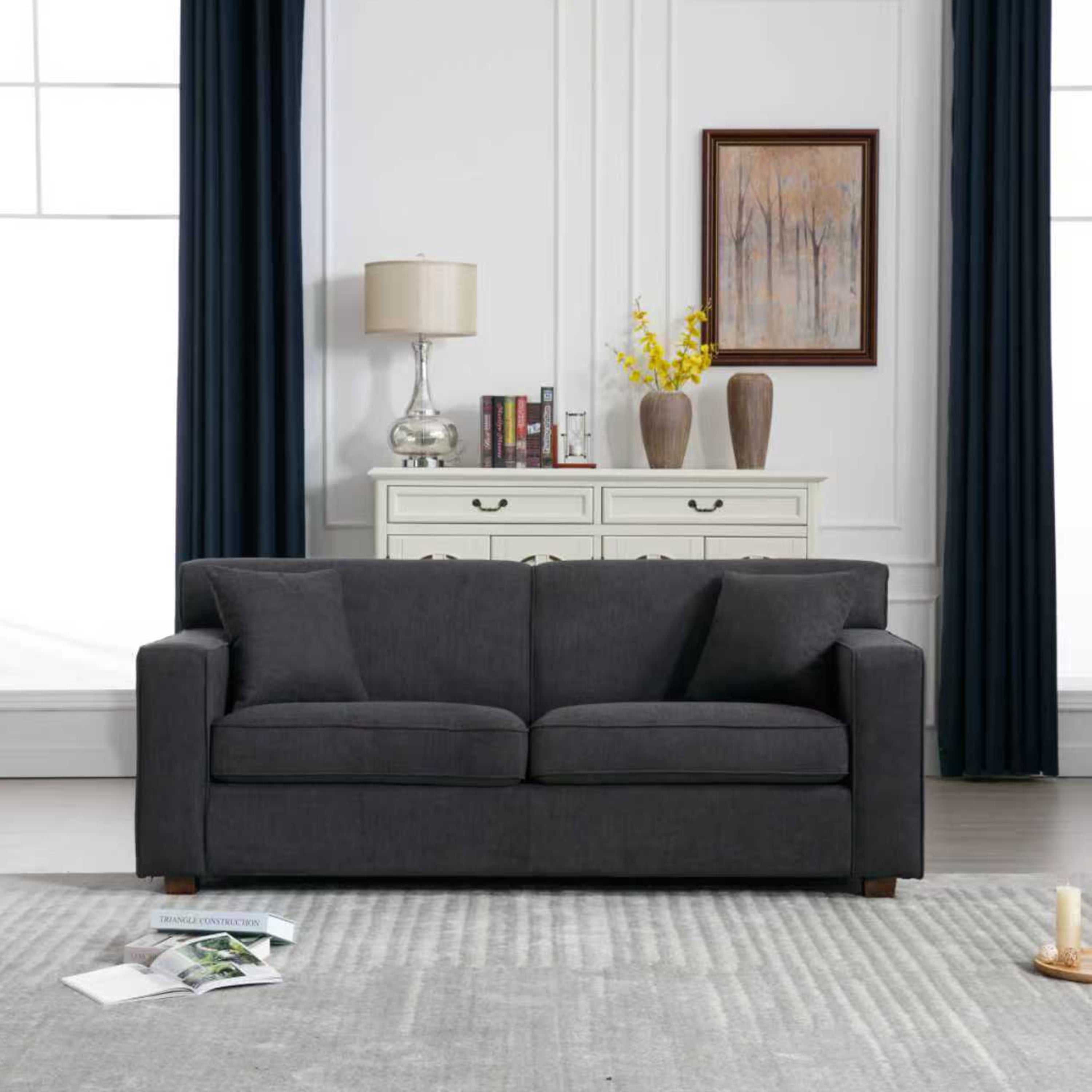 76" Modern Loveseat Sleeper Sofa with 4" Full Bed & 2 Pillows, Dark Gray