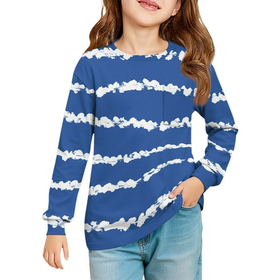 LTTVQM Shirts for Toddler Girls Size 5-6 Fall Casual Striped Graphic T Shirts Loose Fit Long Sleeve Tops Fashion Crewneck Clothes with Pocket Blue 5-6 Years