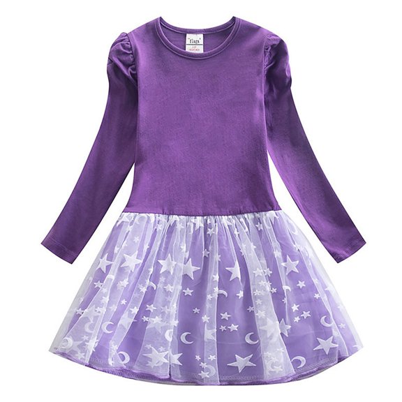 RMGVDSD Little Girl's Dress Spring Toddler Girls Dresses Long Sleeve Party Stars Prints Tulle Princess Dresses Daily Casual Sundress 18-24 Months