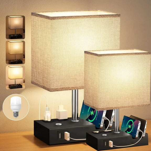 15.7" Bedside Table Lamp for Bedroom, Dual Fast USB Charging Ports, Fully Dimmable Nightstand Lamps 2 pack