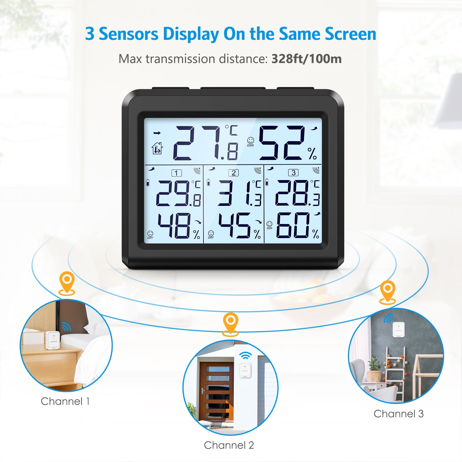 Indoor Thermometer, AMIR Indoor Outdoor Thermometer Digital Hygrometer Thermometer with 3 Sensor Humidity Gauge Indoor Thermometer for Home Bedroom Baby Room Greenhouse Warehouse Black