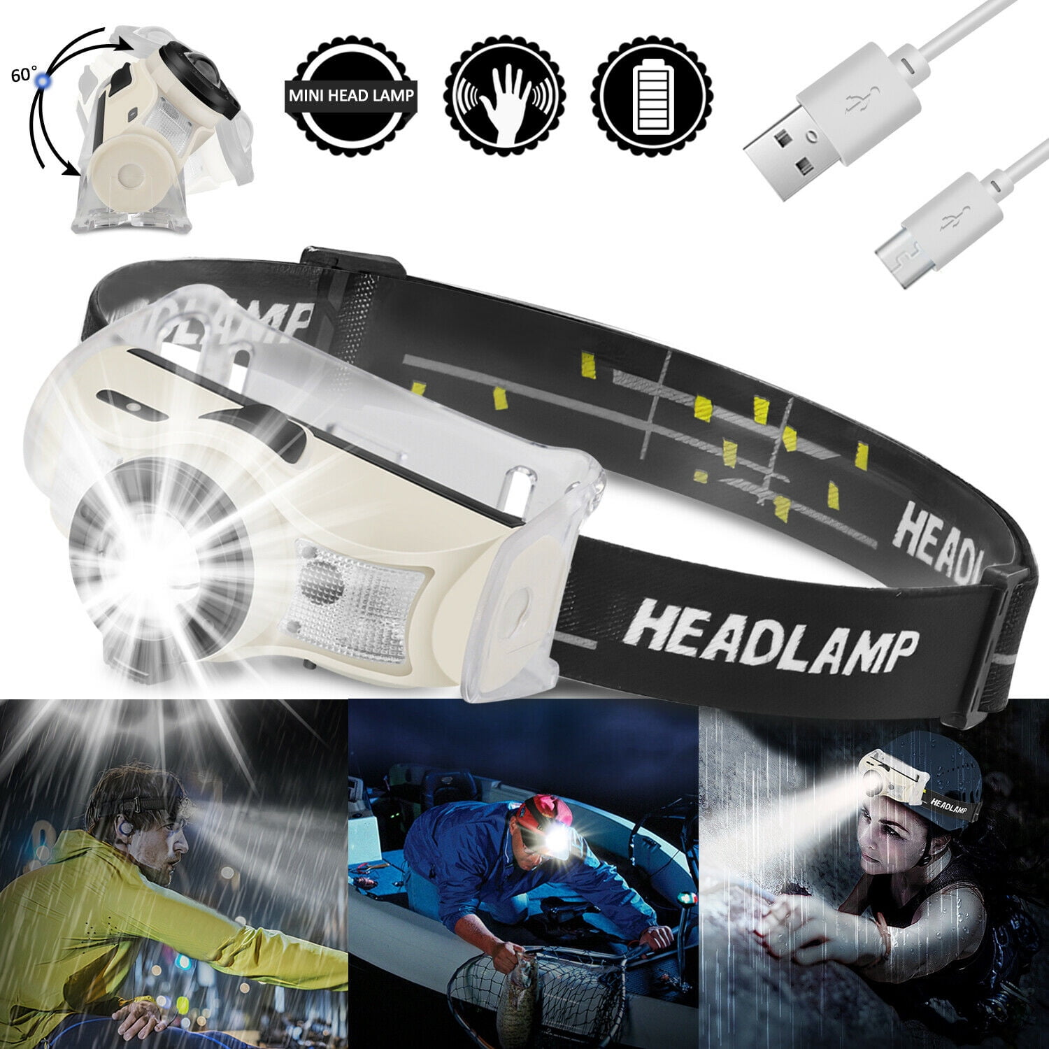 LNKOO Headlamp Flashlight, USB Rechargeable Led Head Lamp, Waterproof Headlight with 5 Modes and Adjustable Headband, Perfect for Camping, Hiking, Outdoors, Hunting