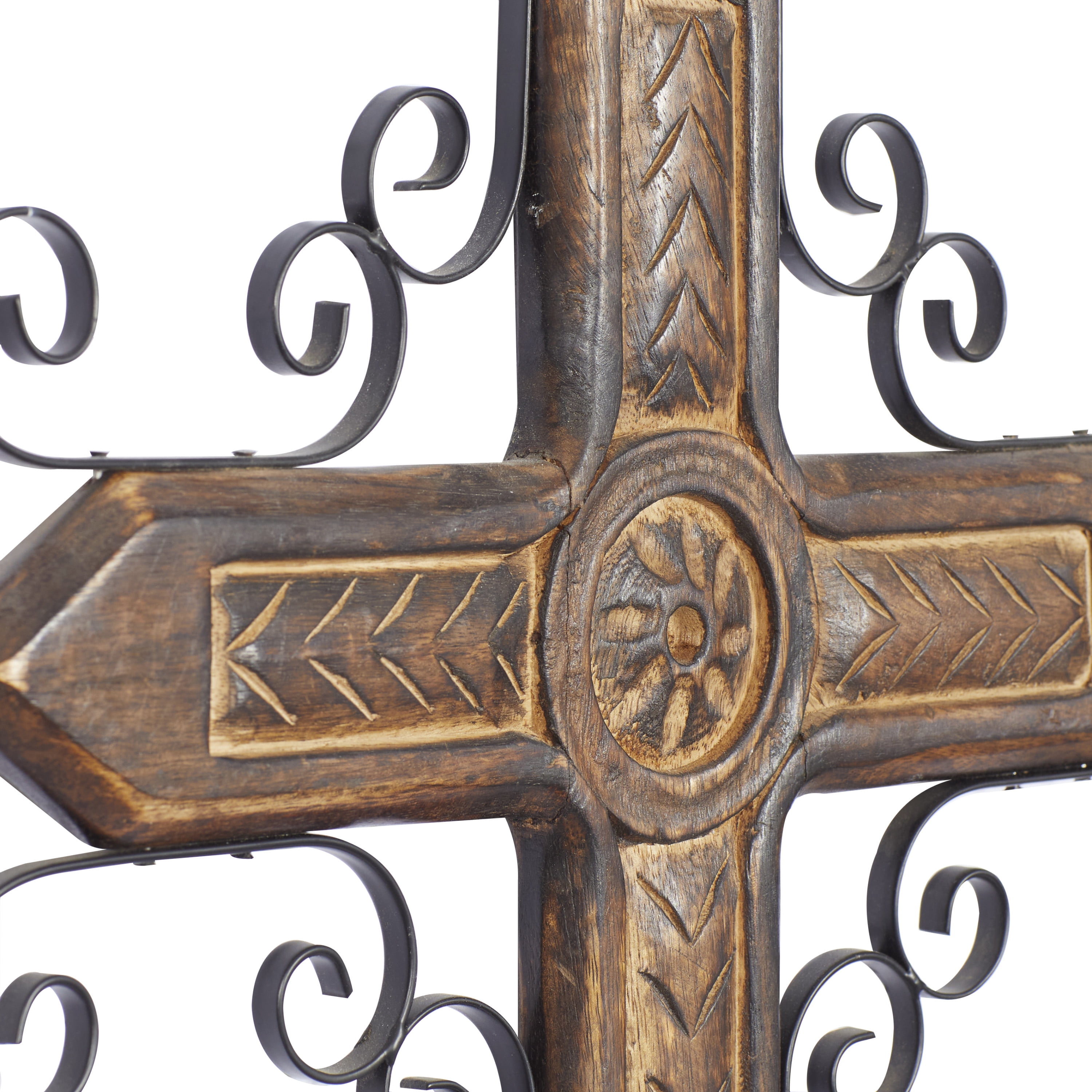 DecMode Brown Mango Wood Carved Cross Cross Wall Decor with Metal Scrollwork