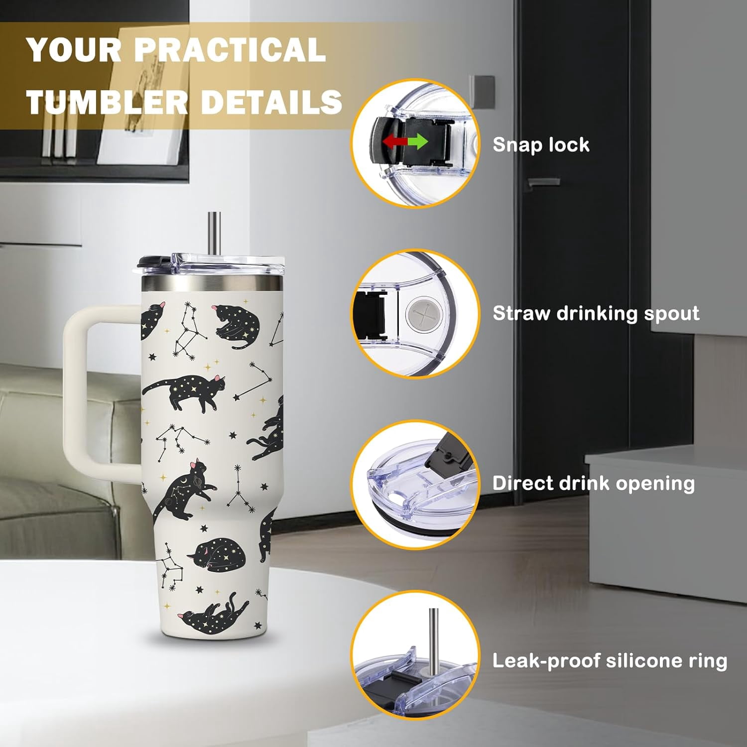 Cat Gifts for Women - Funny 30oz Black Cats Tumbler with Handle and Straws Stainless Steel Insulated Travel Coffee Mugs, Constellation Cat Themed Cups for Cats Lovers Birthday Christmas Gifts Cup