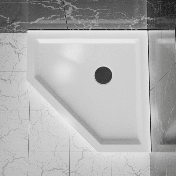 36"D x 36"W x 3.4"H Neo-Angle Shower Base, Center Drain, White, Non-Slip Acrylic