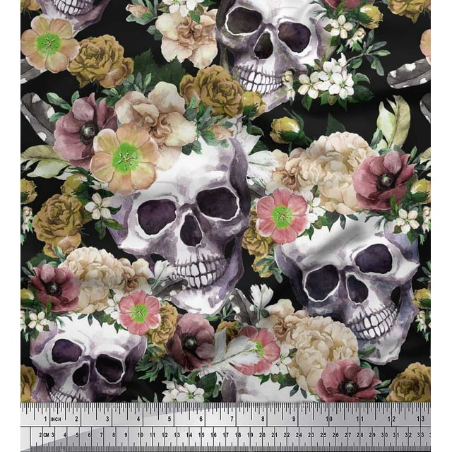 Soimoi Rayon Crepe Fabric Skull,Rose & Anemone Flower Printed Fabric 1 Yard 46 Inch Wide