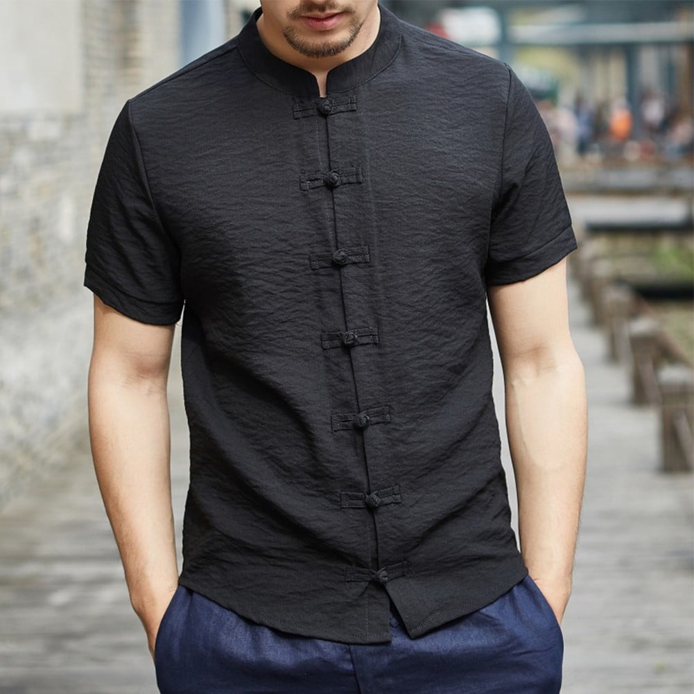 Modern Men's Short Sleeve Mandarin Collar Slim Fit Shirt Chinese Frog Button