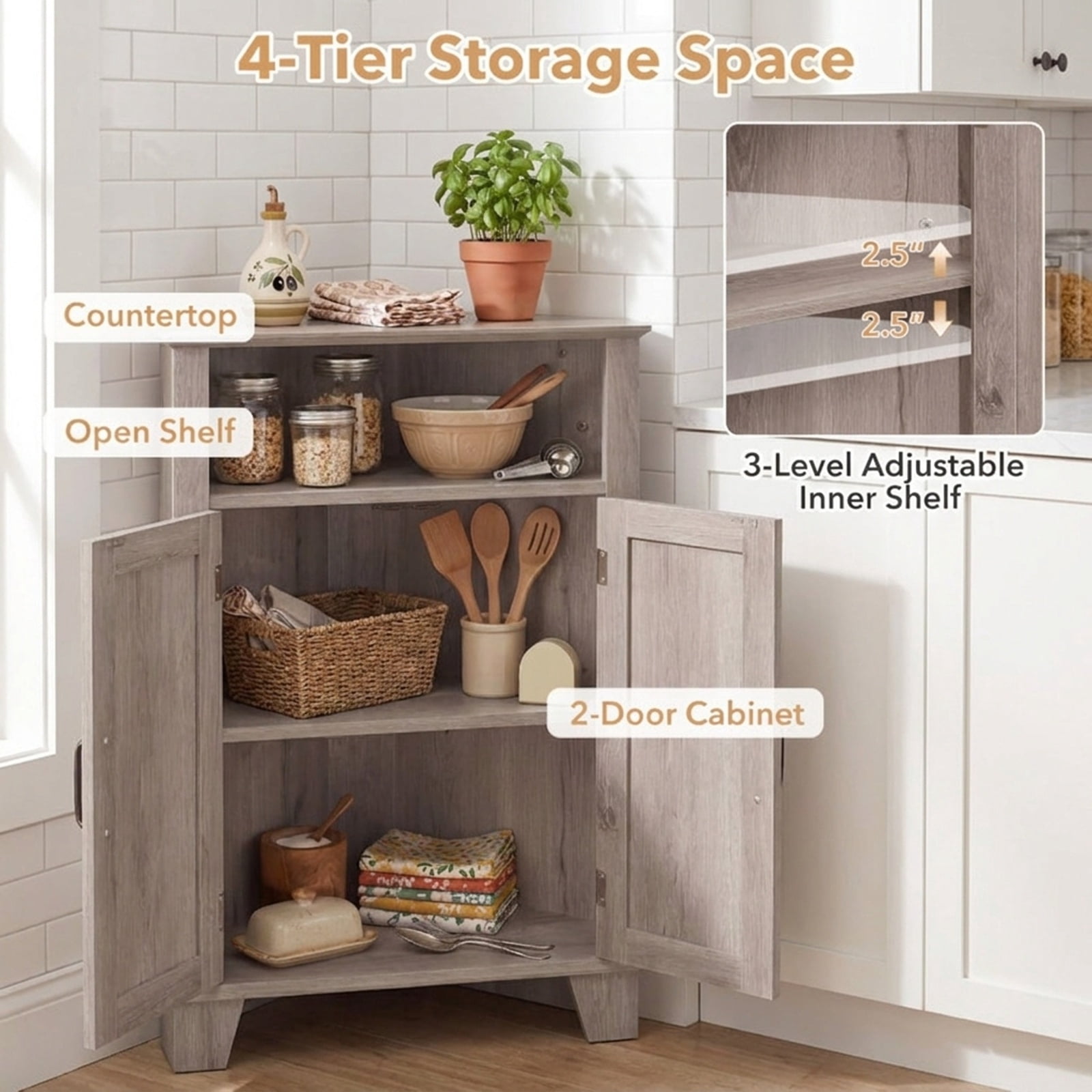 Furnibear 4 Tier Corner Accent Cabinet with Doors Open Shelf and Adjustable Storage for Kitchen Living Room and Entryway, Gray