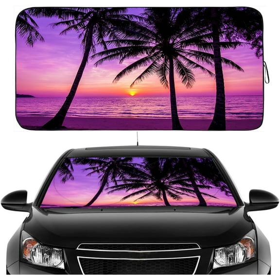Windshield Sun Shade, Car Front Window Shades Cute Sunshade Cover Sun Visor Shield Block Automotive Interior Protector Blocks UV Rays for Pickup Truck SUV Accessories(Sunset Purple, L), Large