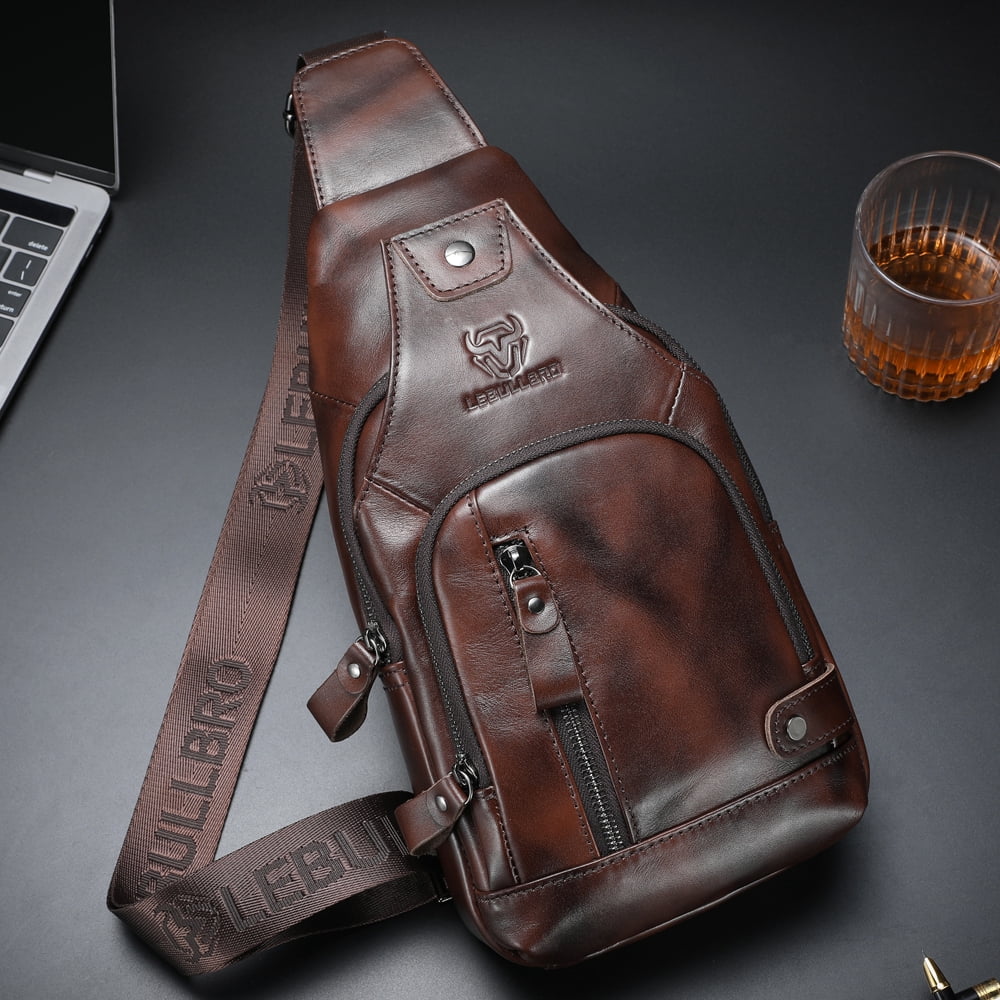 LEBULLBRO Sling Bag for Men Genuine Leather Chest Bag Crossbody Backpack Travel Hiking Outdoor Sports Brown Coffee