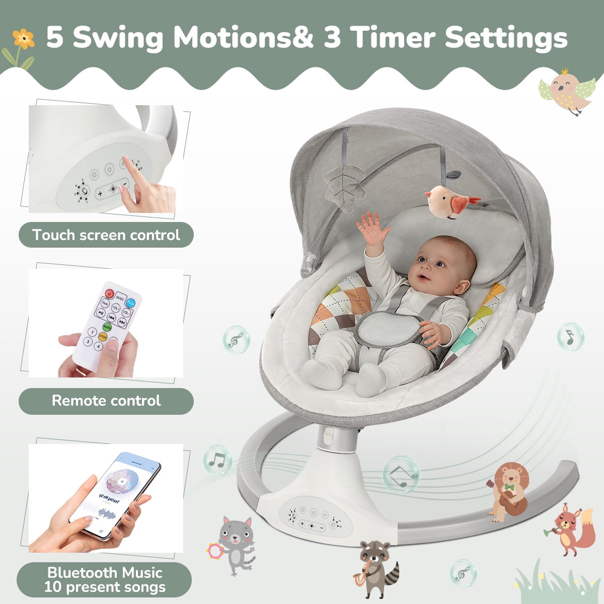 Baby Swing for Infants, Caveen Baby Rocker with Dinner Plate, 5 Swing Speeds, Adapter Battery Operated, Indoor,Outdoor, Grey