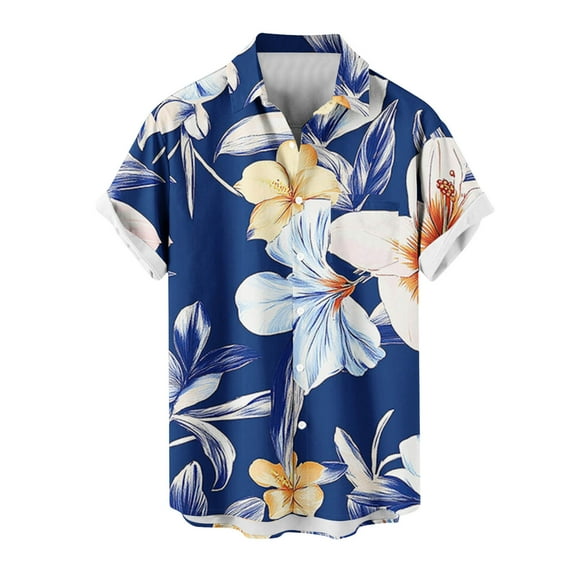 Deals SSAAVKUY Mens Hawaiian Shirt Short Sleeve Floral Button Down Shirts Tropical Summer Beach Shirts Camp Collar Shirt Blue L