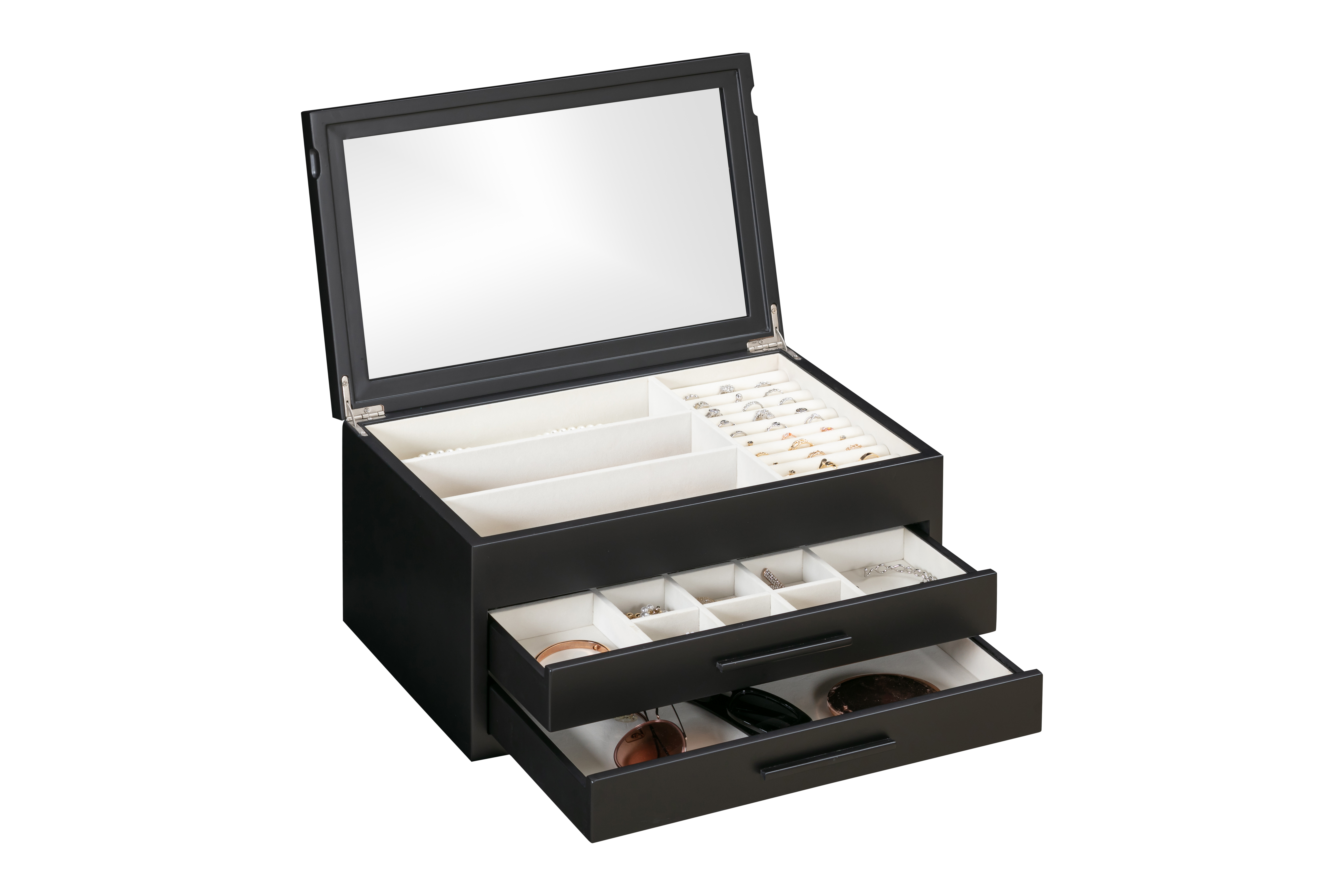 Modern Elegant Jewelry Box with 2 Drawers, Large Storage Compartments, Transparent Glass Lid, and Soft Linen for Rings, Necklaces and Earrings
