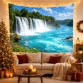 thumbnail image 3 of Waterfall Over Rocky Cliff Beside Turquoise River, Peaceful Digital Art for Nature Lovers, Nature Decor, New Home Gift, Tapestry Wall Hanging for Living Room and Study Room, 3 of 6