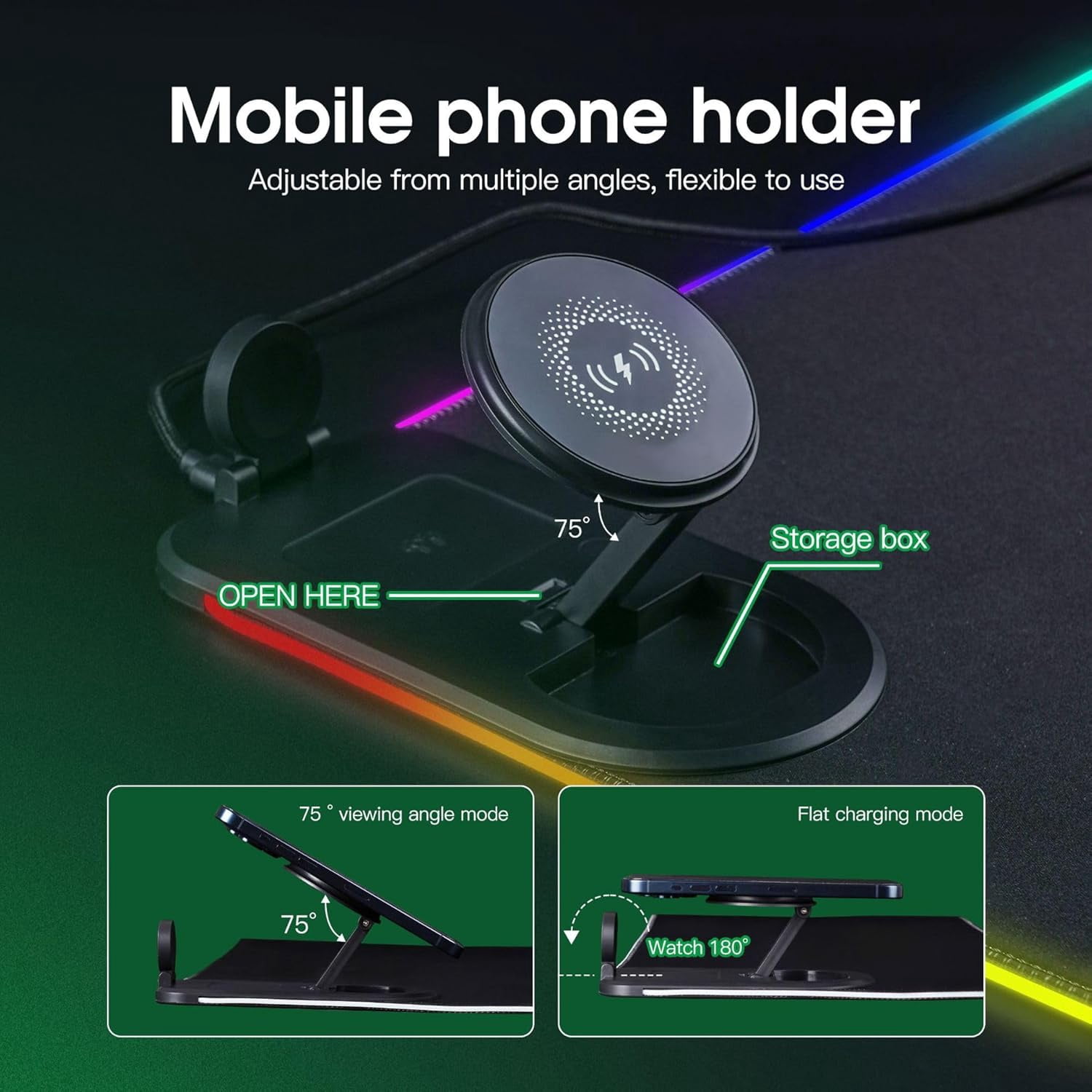 Wireless Charging Mouse Pad, RGB Gaming Desk Mat XXL with Magnetic Wireless Charging Phone Holder for Phone&iWatch&Airpods, Non-Slip Base,15 Lights Colors, Computer Keyboard Mat for MacBook,PC,Laptop