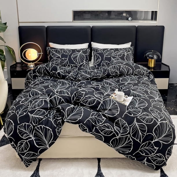 Juego de Funda Nórdica Reina Hojas Blancas Líneas Impresas, 3 Piezas Suave Juego de Cama 1