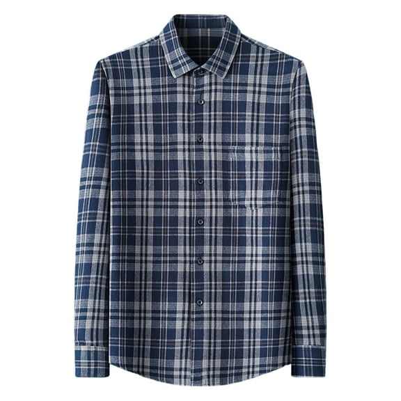Txeol Dress Shirts for Men Fashion Plaid Long Sleeve Blouse Lightweight Cotton Casual Button Down Work Tops with Pocket,Dark Blue,38