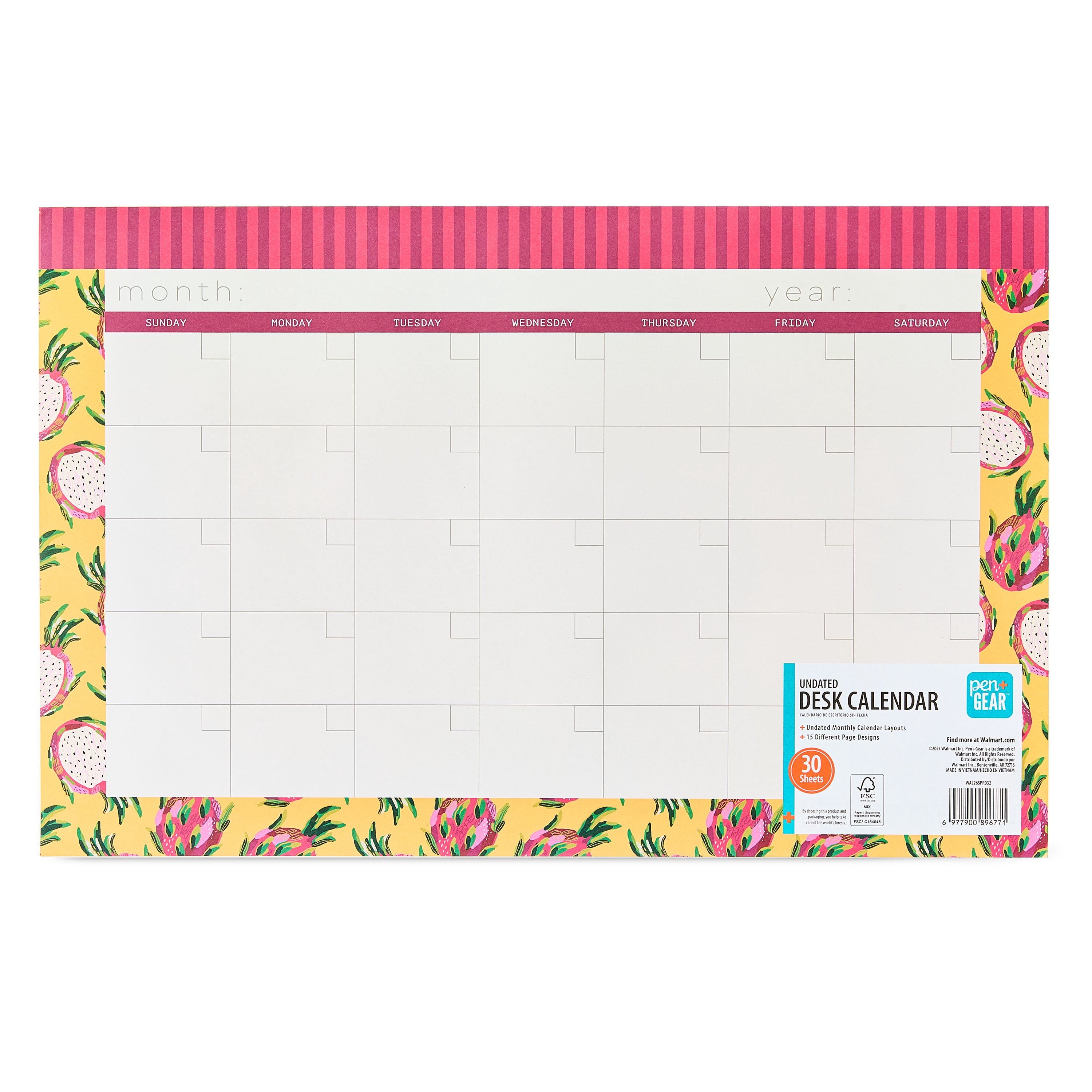 Pen+Gear Monthly (17" x 11") Multi Color Fruit Themed Undated Desk Planner Pad, 30 Sheets