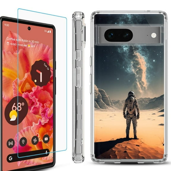 OneToughShield ® Compatible with Google Pixel 8, Shockproof Phone Case, with Tempered Glass Screen Protector - Astronaut Milkyway