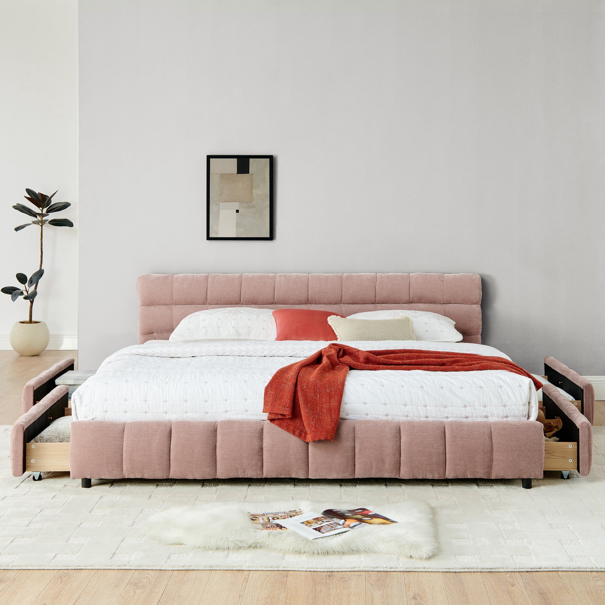 Harper & Bright Designs King Size Upholstered Bed Frame with Storage Drawers, Chenille Platform Bed with Headboard and Solid Frame for Bedroom, Pink