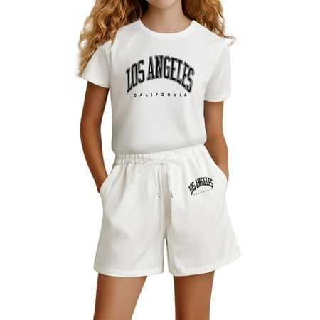 Rggeeun Toddler Girls Outfit Sets Letter Print Short Sleeve Crew Neck Top & Wide Leg Elastic Waist with Adjustable Tie And Side Pockets Shorts for Summer Play Sports Comfort Wear White 3-4 Years