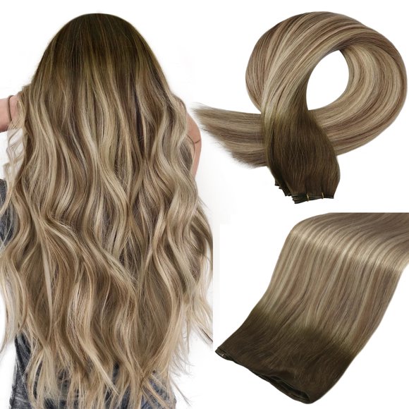 Full Shine Weft Hair Extensions Human Hair Single Genius Weft Sew in Extensions 50G Brown and Blonde Balayage Hair Extensions 18 Inch Silky Straight Human