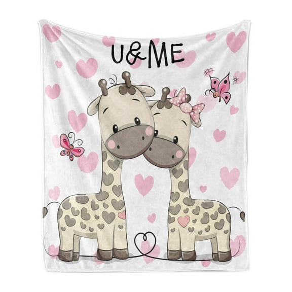 Animal Soft Flannel Fleece Throw Blanket, Giraffes Baby in Pure Love Butterflies and Hearts Bows Art Print, Cozy Plush for Indoor and Outdoor Use, 50" x 60", White Grey and Pink, by Ambesonne