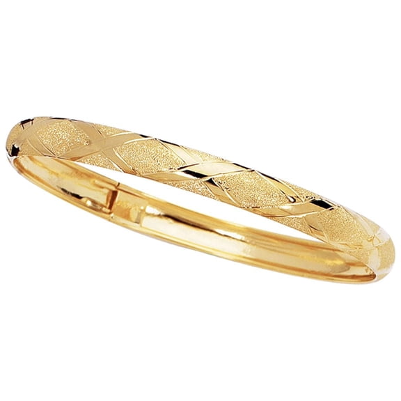10K Yellow Gold 6mm Shiny Textured Flex Bangle with Diamonds Shape Pattern 8"