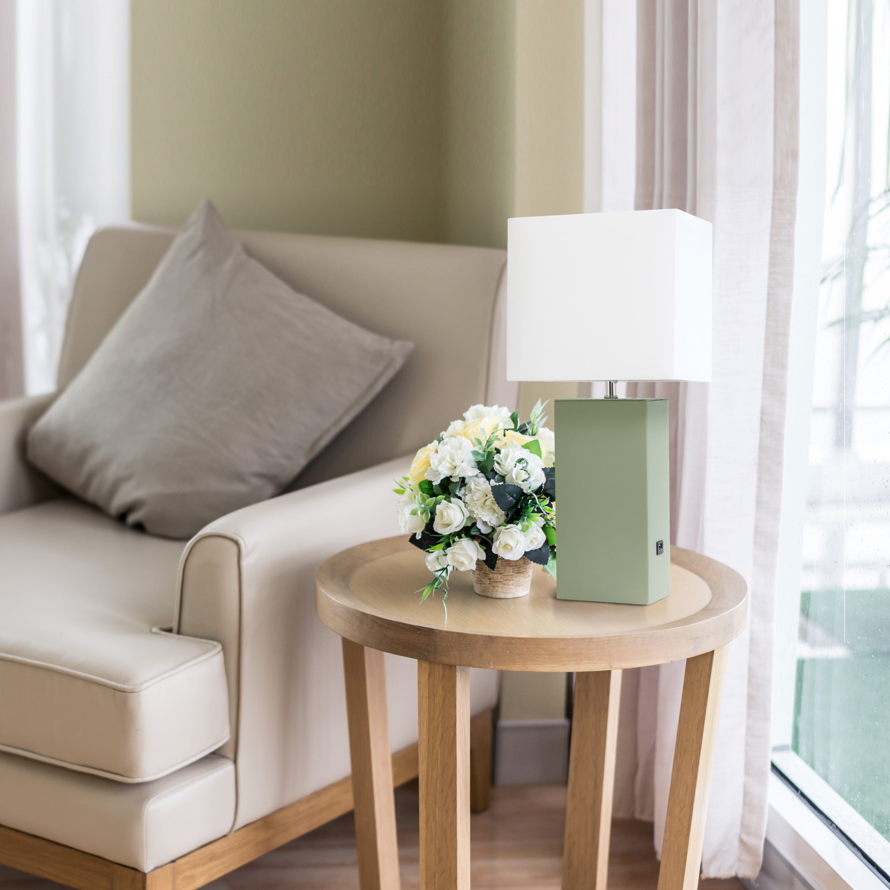 Lalia Home 21" Leather Modern Bedside Table Lamp with USB Port and LED Bulb, Sage Green