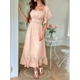 thumbnail image 3 of Women Short Sleeve Midi Dress Square Neck Contrast Color Casual Rick Rack Smocked Dresses Orange Pink L, 3 of 5