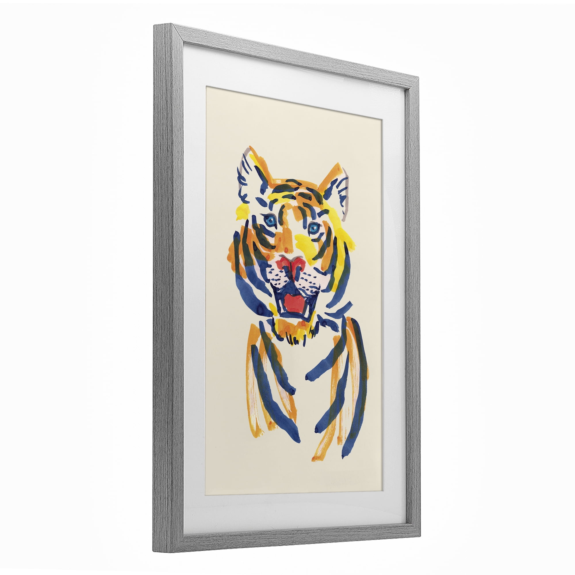 Tiger Roar Watercolor Gray Framed Print Under Glass, design by Karolina Sato