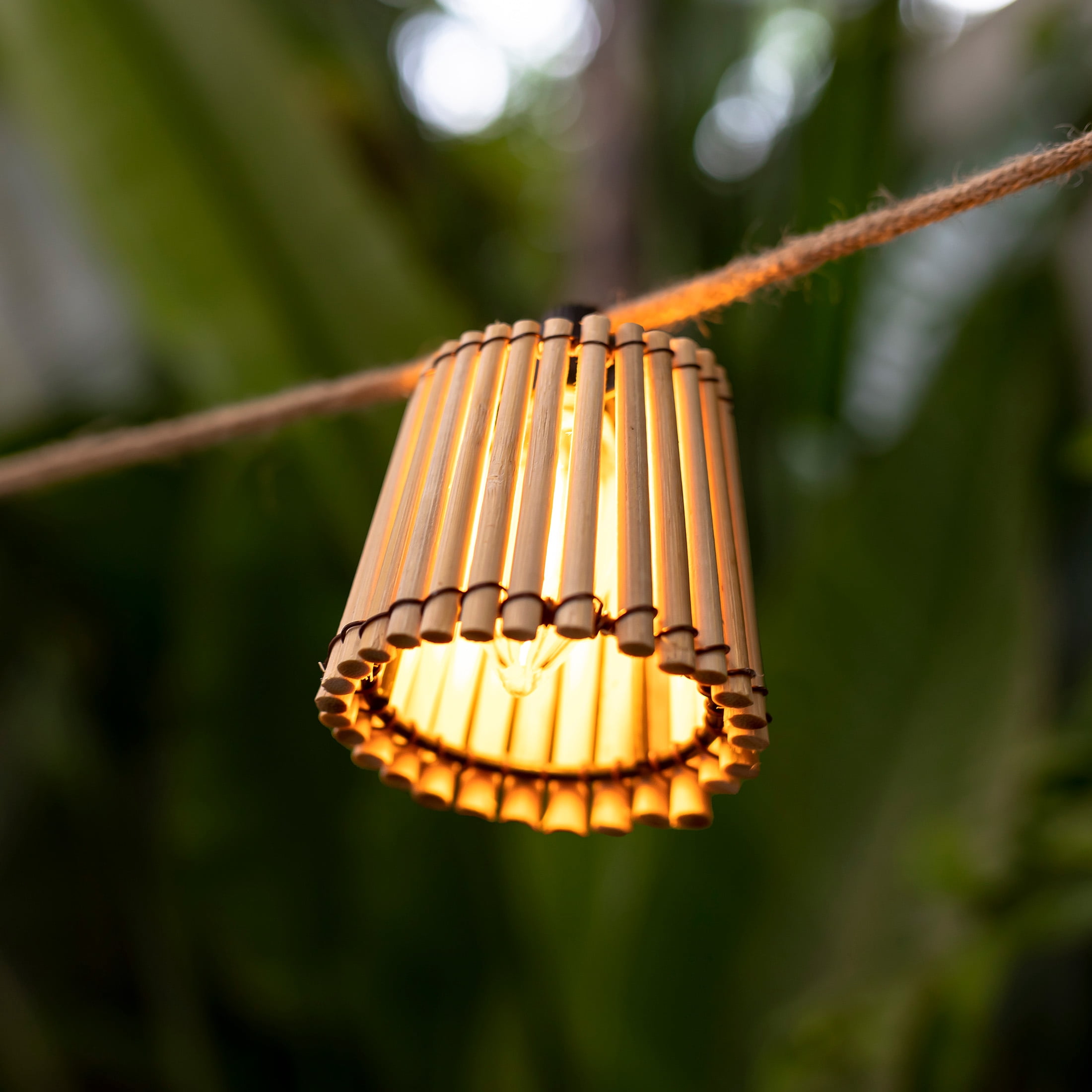 Newgarden Outdoor Shaded String Light Okinawa, Solar, Jute Cable 26 ft 10x 15-Lumen LED Handmade, 2 Watts, Natural Bamboo