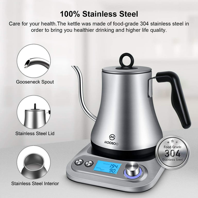 Gooseneck Electric Kettle with Temperature Control & Presets - 1L,  Stainless Steel - Tea & Pour Over Coffee Kettle
