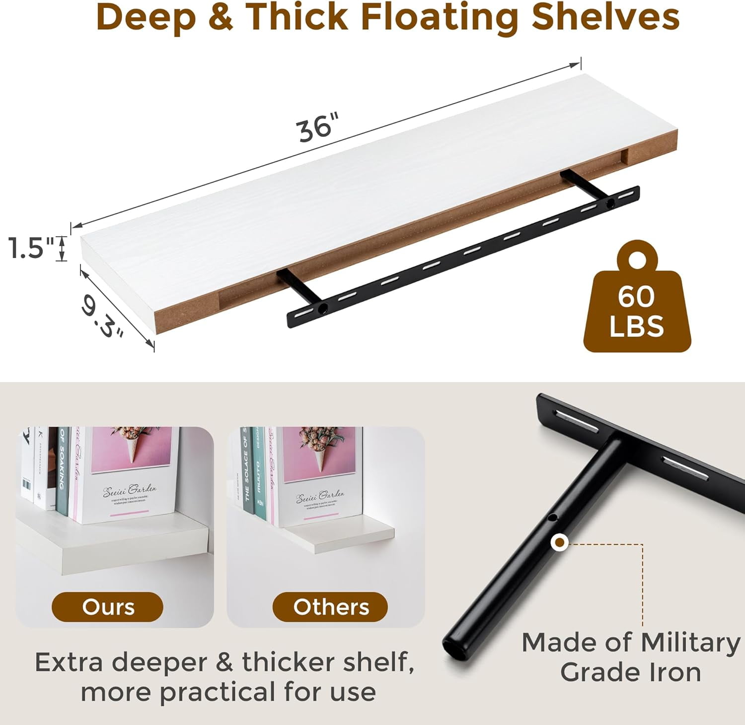 Floating Shelves White 36 Inch Long, 9.3" Deep Floating Shelf Wall Mounted, Rustic Deep Bookshelf, Large Display Storage Shelves for Bathroom, Bedroom, Kitchen, 36"W x 9.3"D x 1.5"H, Set of 2