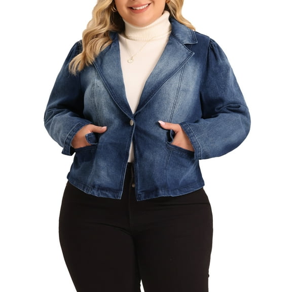 MODA NOVA Plus Size Denim Jackets for Juniors Jean Notched Lapel Work Blazers Dark Blue 1X