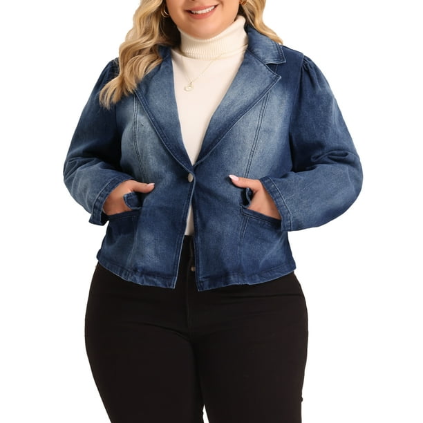 Chaquetas de mezclilla de talla grande Agnes Orinda para mujeres, blazers de trabajo con solapa de jean, azul oscuro 1X