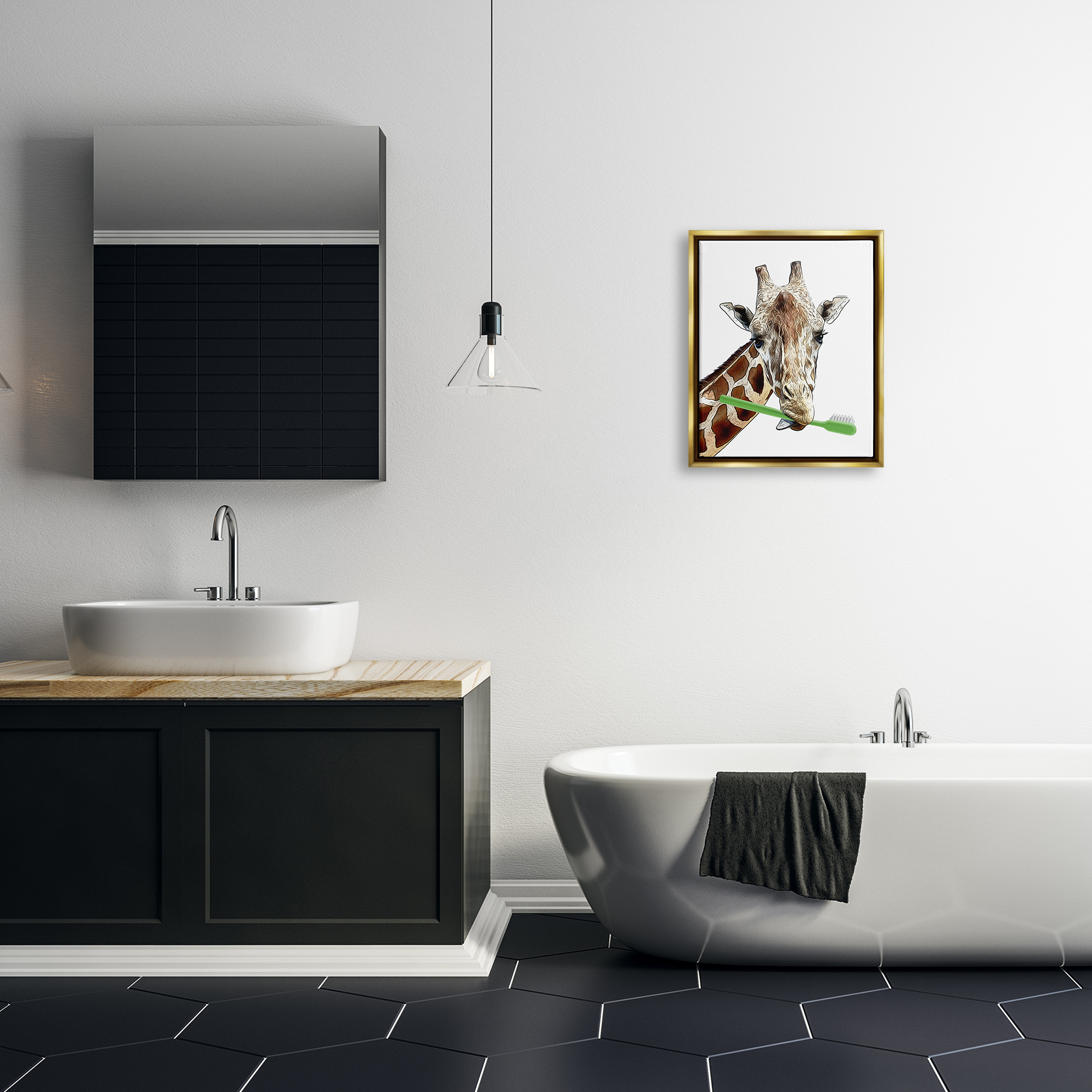 Stupell Industries Giraffe Green Toothbrush Bathroom Animals & Insects Painting Gold Floater Framed Art Print Wall Art