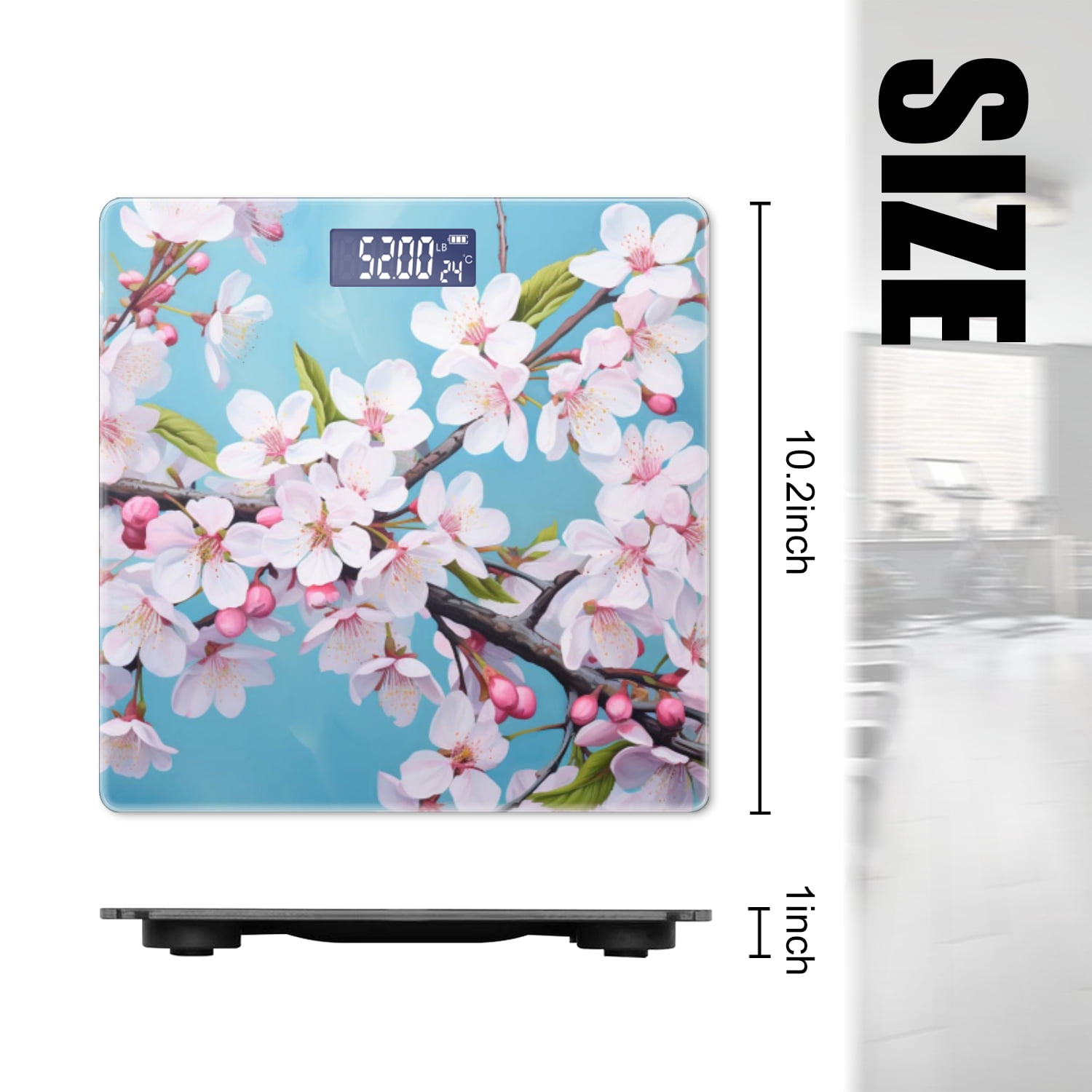 High Precision Body Weight Scale Smart Bathroom Scales with Large LCD Display(400lbs),Decorative for Bedroom-Large Painting Of Cherry Blossoms On Blue Background