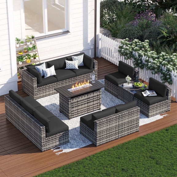 Clouddwell 12 Piece Patio Furniture Set with 44” Fire Pit Table Wicker Rattan Patio Conversation Set Outdoor Sectional Sofa Set with Coffee Table and Black Cushions(Waterproof Cover Included)