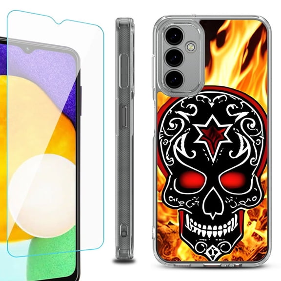 Shockproof Bumper Phone Case for Samsung Galaxy A14 5G, with Tempered Glass Screen Protector, by OneToughShield ® - Skull Flames