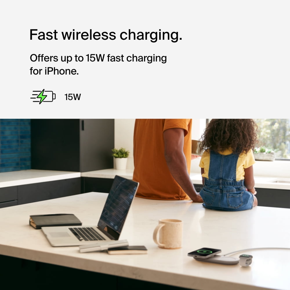 Belkin BoostCharge Pro 3-in-1 MagSafe-Compatible Wireless Charging Pad with Qi2 15W, Fast Charging iPhone Charger, Compatible with iPhone 15, 14, and 13 Series, AirPods, Apple Watch, & More - White