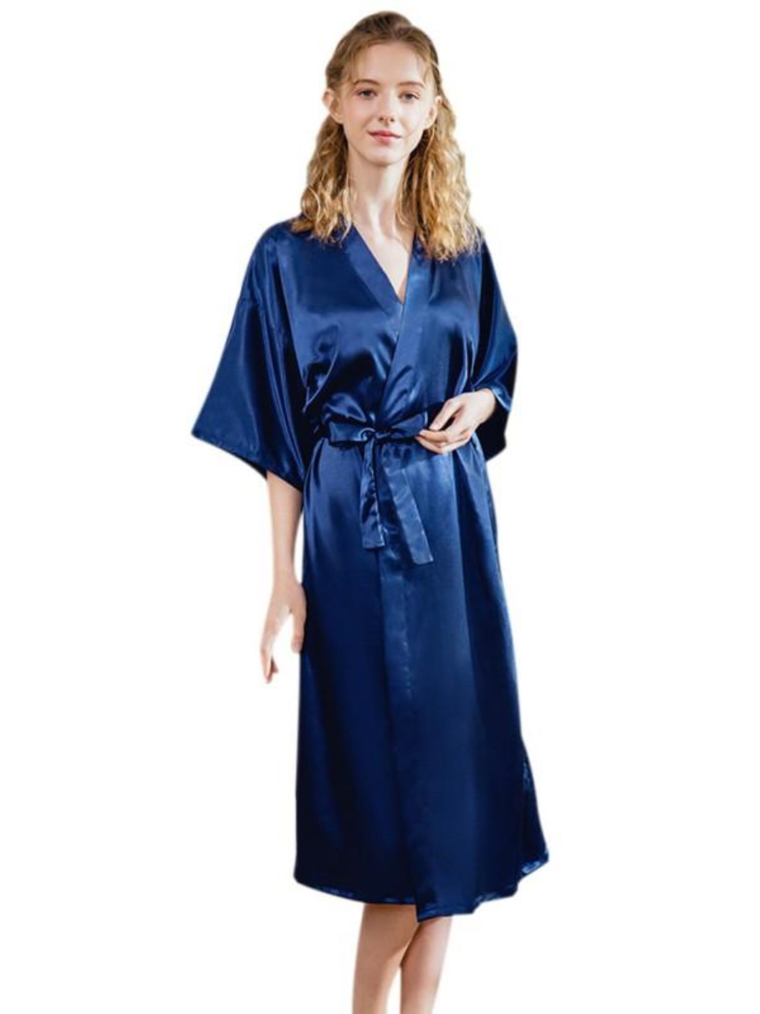 Womens Plus Size Robes Kimono Floral Peacock Satin Silk Bridesmaid 3/4 Sleeve Bathrobe 