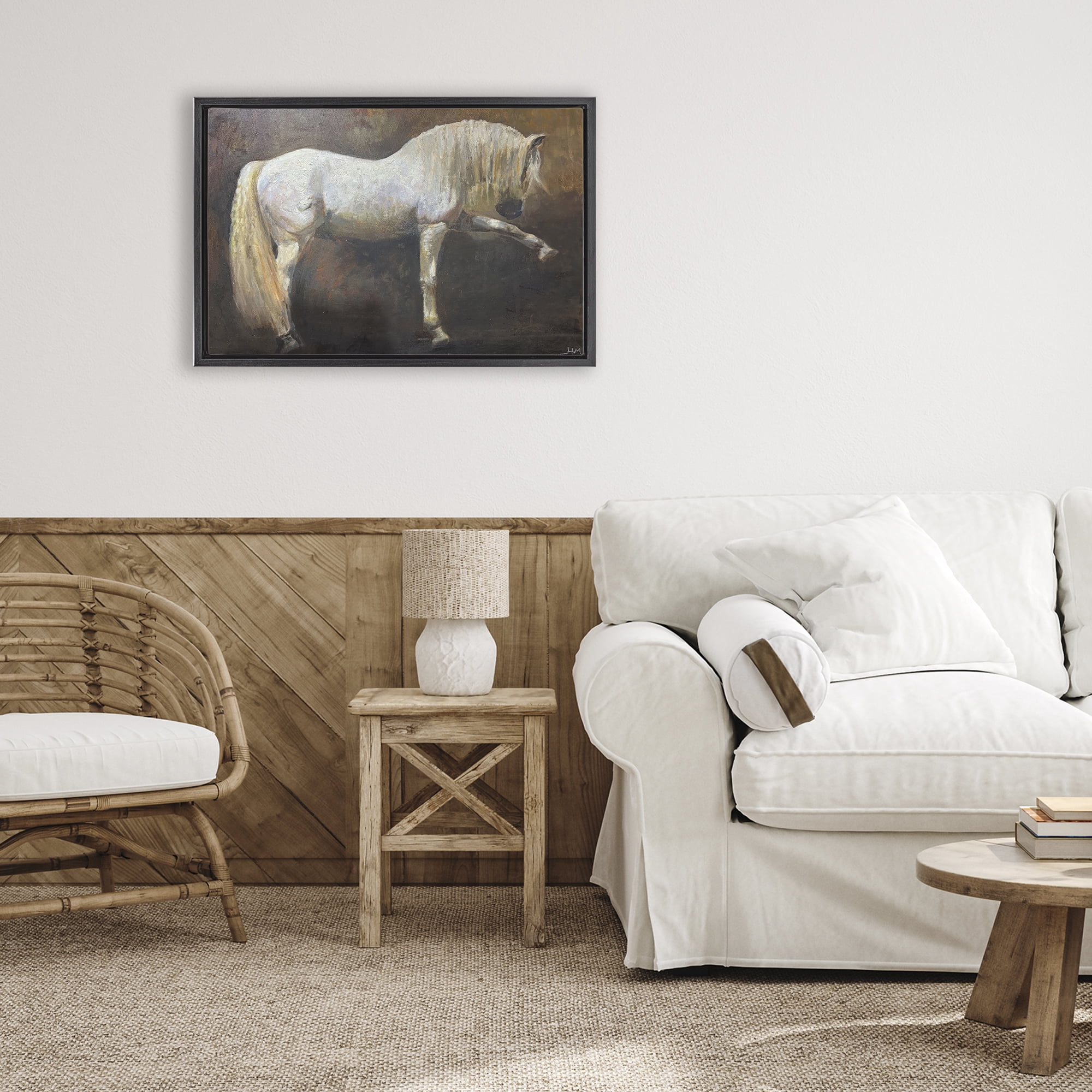 Stupell Industries Elegant White Stallion in Motion Black Framed Floater Canvas Wall Art, design by Hilary McCarthy