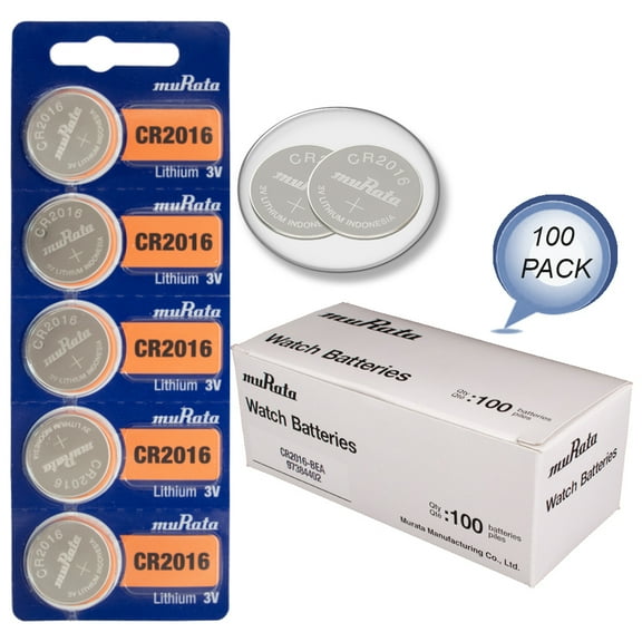 Murata CR2016 Lithium Battery 3 Volt Coin Button Cell 100 Pack