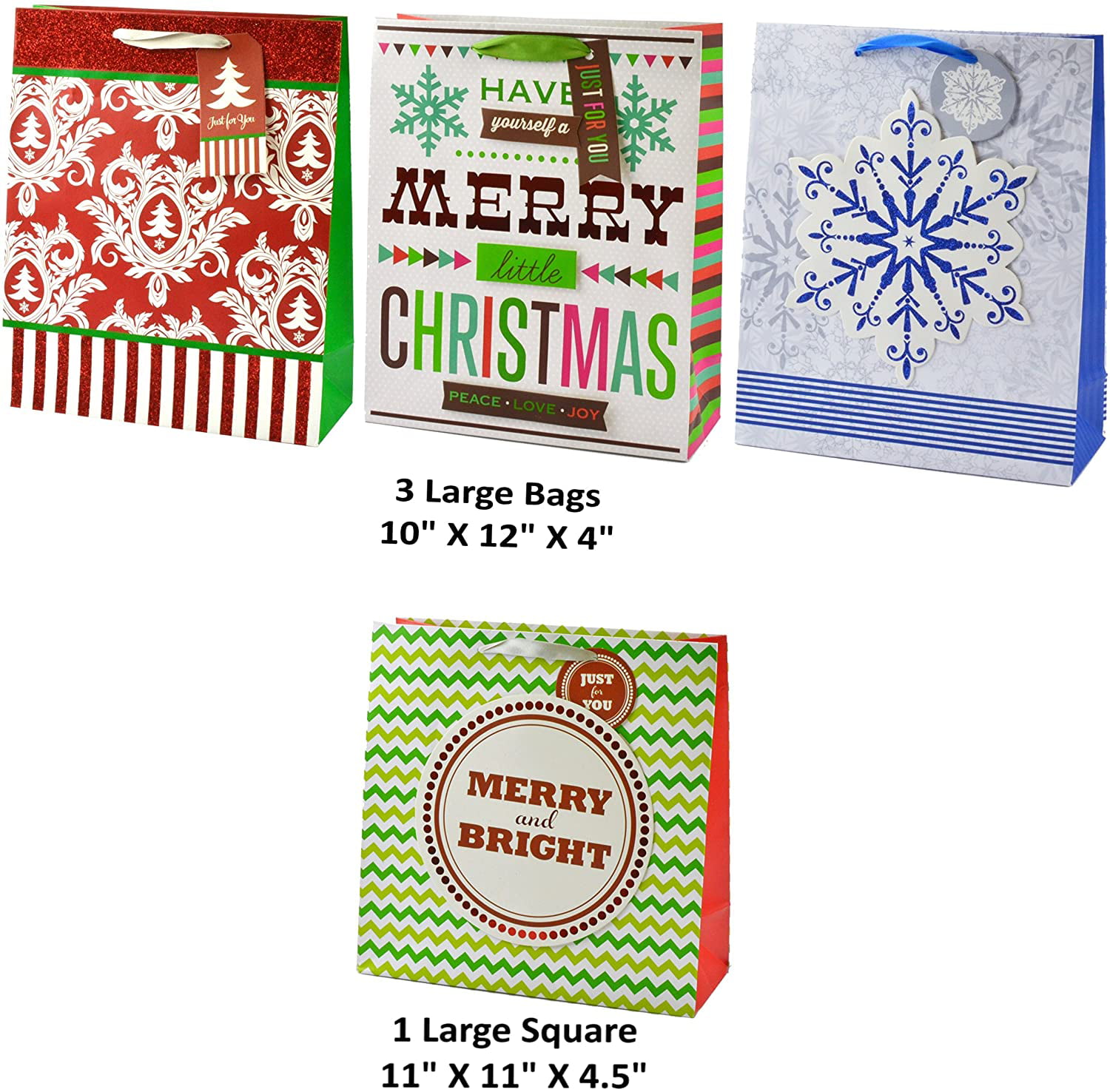 22 Piece 11 Bags Of 4 Different Designs 3 Sizes Large medium small & 11 White Tissue Papers Christmas Holiday Glow-In-The-Dark Gift Bag Gift Set With Unique Luminous Festive Designs & Patterns 
